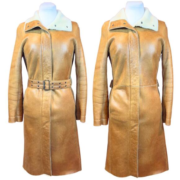 Burberry Cognac Sheepskin Leather Shearling Single Breasted Trench Coat‎ US4 UK6 - Picture 1 of 12